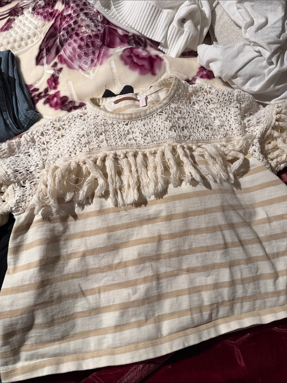 Chloe Cream & Tan Striped Fringe Crochet Top